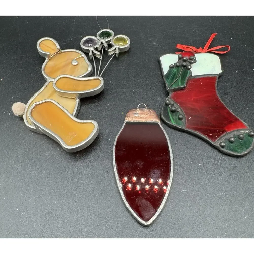 3 Beautiful Stained Glass Holiday Christmas Ornaments 1970s Vintage -S1L